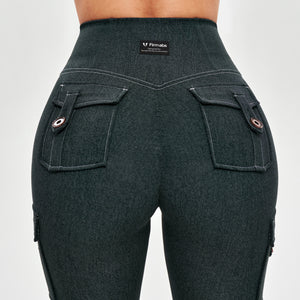 High Waisted Cargo Leggings - Denim Green