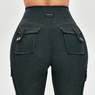 High Waisted Cargo Leggings - Denim Green