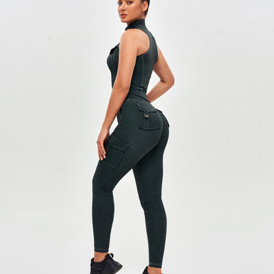 High Waisted Cargo Leggings - Denim Green