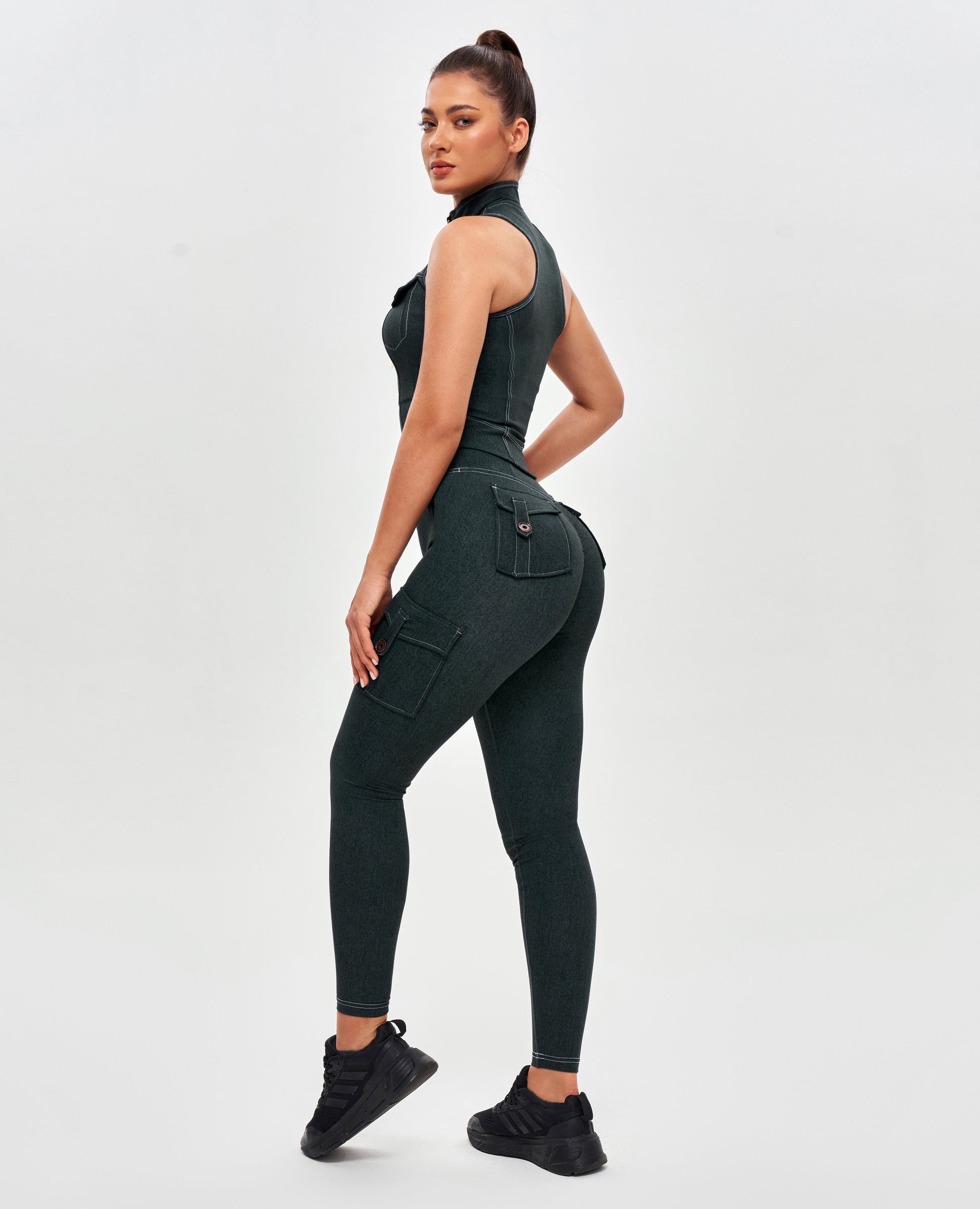 High Waisted Cargo Leggings - Denim Green