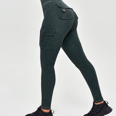 High Waisted Cargo Leggings - Denim Green