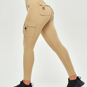 High Waisted Cargo Leggings - Khaki Yellow