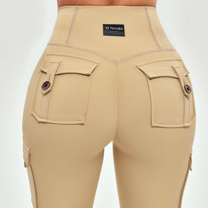 High Waisted Cargo Leggings - Khaki Yellow