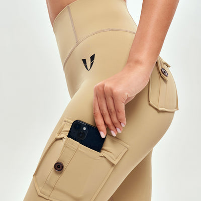 High Waisted Cargo Leggings - Khaki Yellow