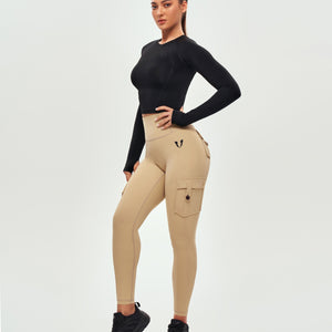 High Waisted Cargo Leggings - Khaki Yellow
