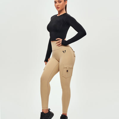 High Waisted Cargo Leggings - Khaki Yellow