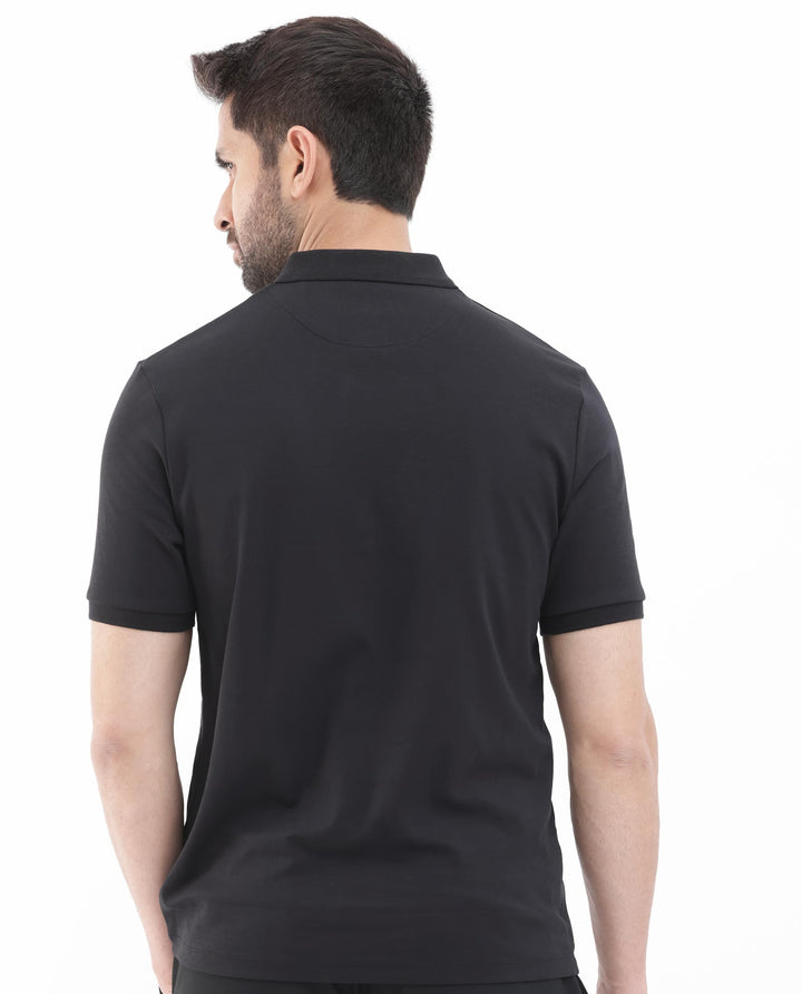 Rare Rabbit Men's Holit Black Half Sleeves Button Closure Solid Polo T-Shirt