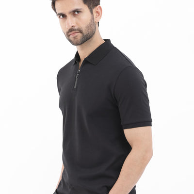 Rare Rabbit Men's Holit Black Half Sleeves Button Closure Solid Polo T-Shirt