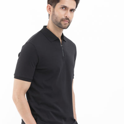 Rare Rabbit Men's Holit Black Half Sleeves Button Closure Solid Polo T-Shirt