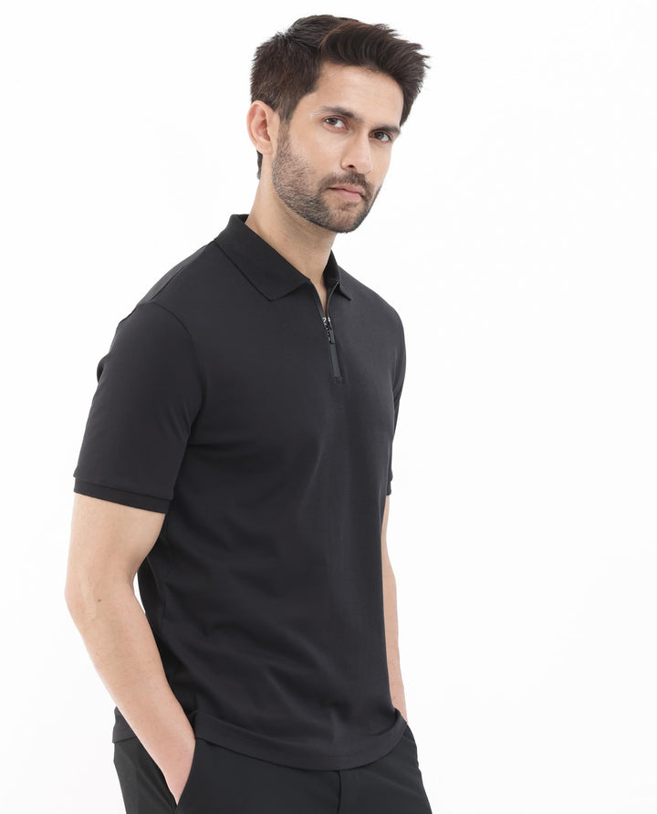 Rare Rabbit Men's Holit Black Half Sleeves Button Closure Solid Polo T-Shirt