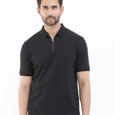 Rare Rabbit Men's Holit Black Half Sleeves Button Closure Solid Polo T-Shirt