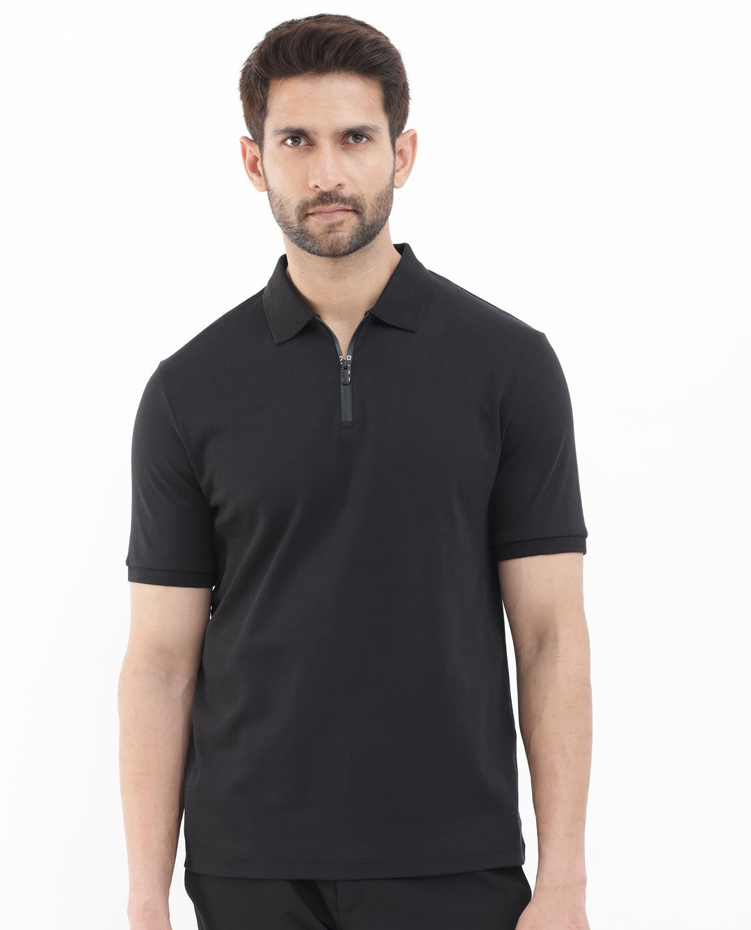 Rare Rabbit Men's Holit Black Half Sleeves Button Closure Solid Polo T-Shirt