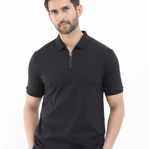 Rare Rabbit Men's Holit Black Half Sleeves Button Closure Solid Polo T-Shirt