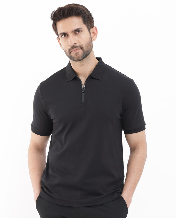 Rare Rabbit Men's Holit Black Half Sleeves Button Closure Solid Polo T-Shirt