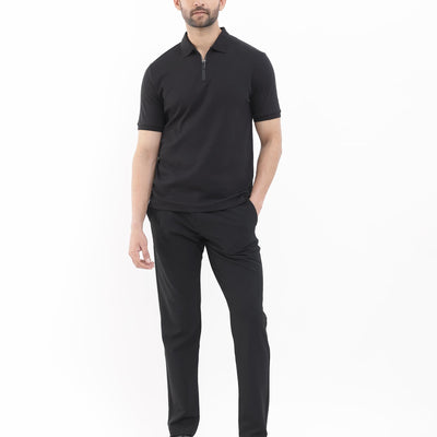 Rare Rabbit Men's Holit Black Half Sleeves Button Closure Solid Polo T-Shirt