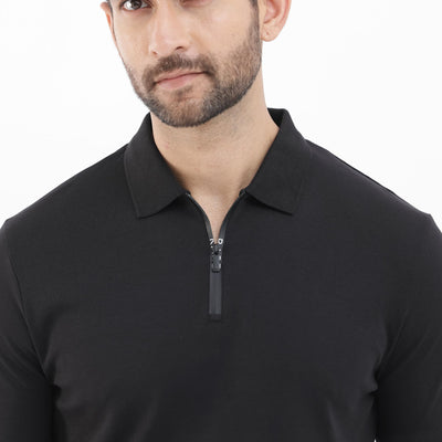 Rare Rabbit Men's Holit Black Half Sleeves Button Closure Solid Polo T-Shirt