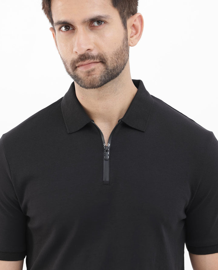 Rare Rabbit Men's Holit Black Half Sleeves Button Closure Solid Polo T-Shirt