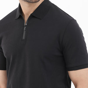 Rare Rabbit Men's Holit Black Half Sleeves Button Closure Solid Polo T-Shirt