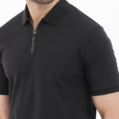 Rare Rabbit Men's Holit Black Half Sleeves Button Closure Solid Polo T-Shirt
