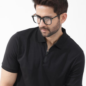 Rare Rabbit Men's Holit Black Half Sleeves Button Closure Solid Polo T-Shirt