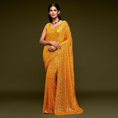 Honey Yellow Partywear Thread & Sequins Embroidered Georgette Saree