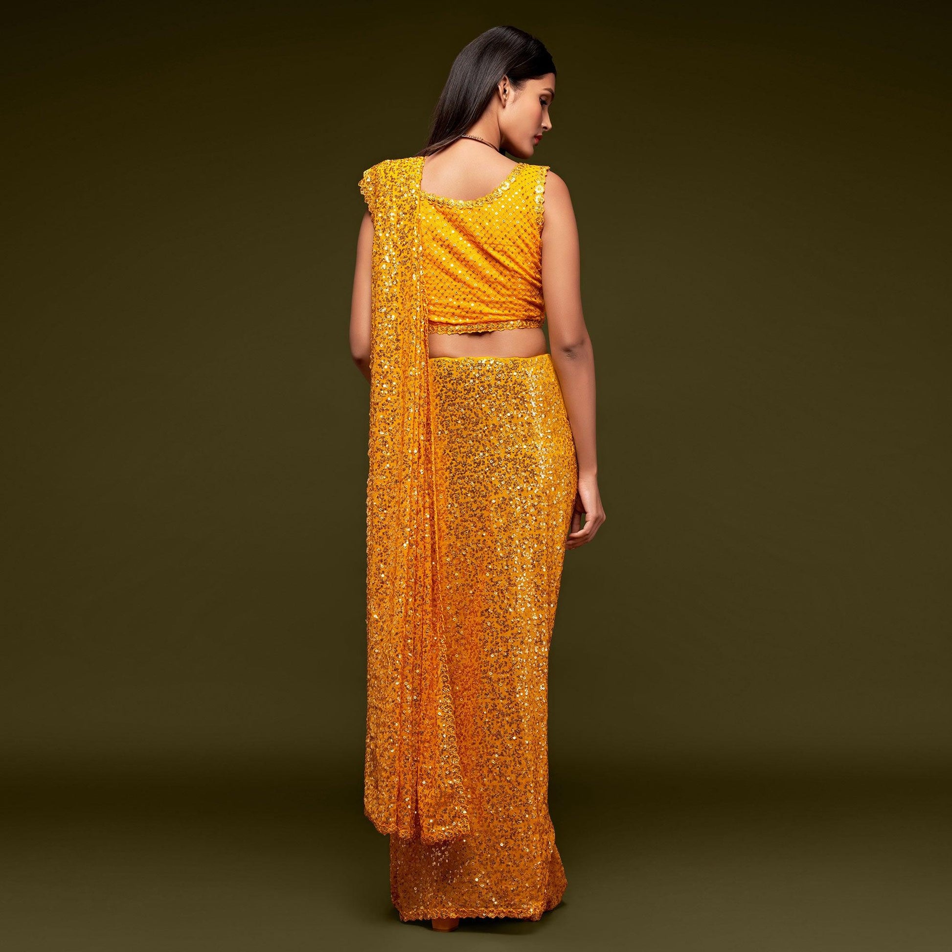 Honey Yellow Partywear Thread & Sequins Embroidered Georgette Saree