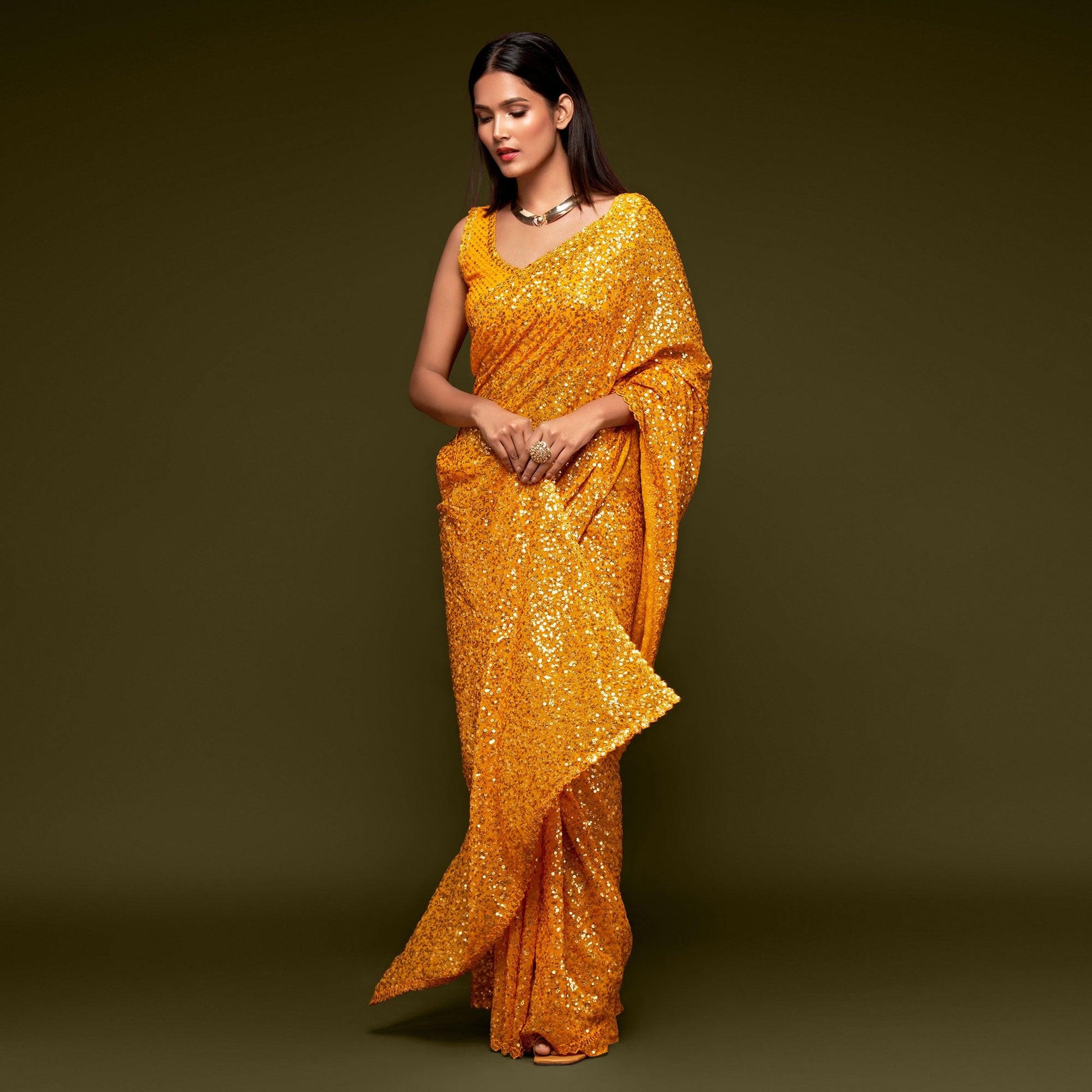 Honey Yellow Partywear Thread & Sequins Embroidered Georgette Saree