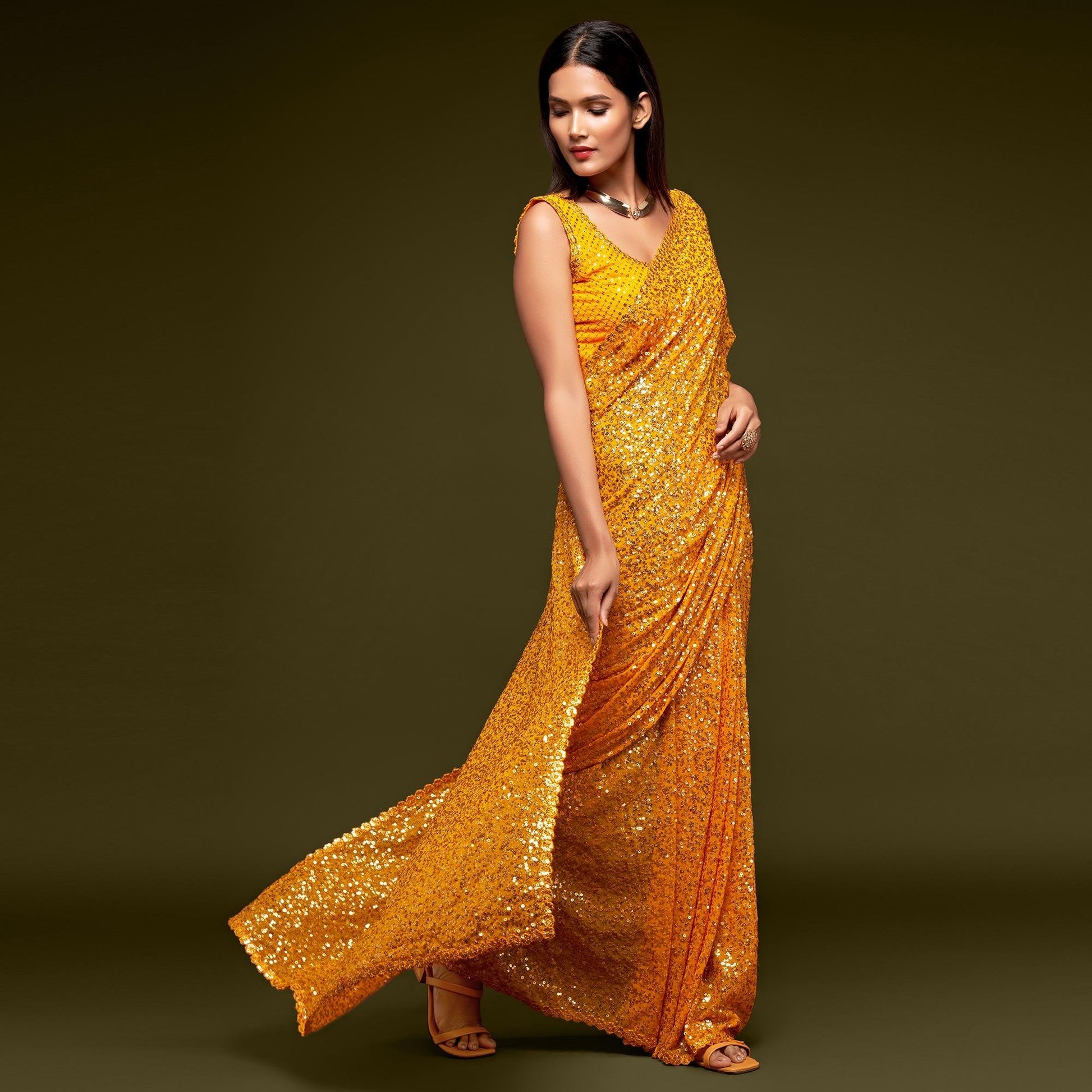 Honey Yellow Partywear Thread & Sequins Embroidered Georgette Saree