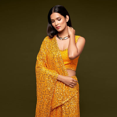 Honey Yellow Partywear Thread & Sequins Embroidered Georgette Saree