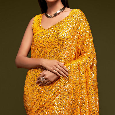 Honey Yellow Partywear Thread & Sequins Embroidered Georgette Saree