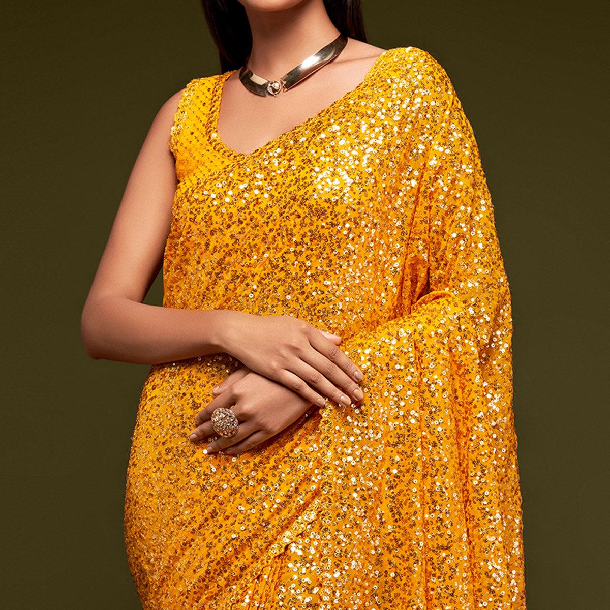 Honey Yellow Partywear Thread & Sequins Embroidered Georgette Saree