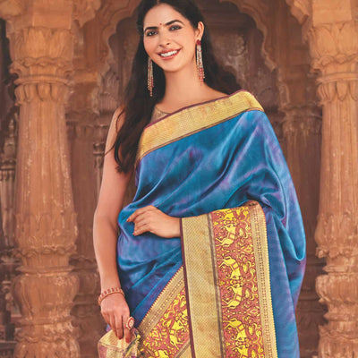 Cyan Handloom Silk Saree With Chevron Motifs & Kalamkaari Horse Motifs
