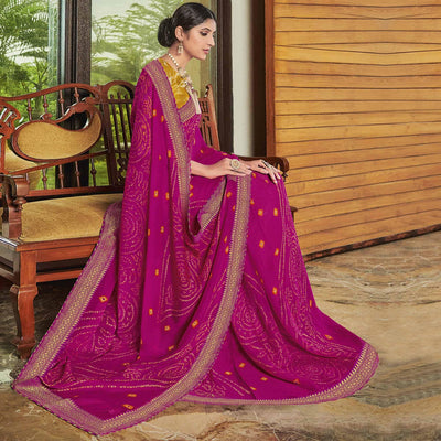 Hot Pink Casual Wear Bandhani Printed Chiffon Saree
