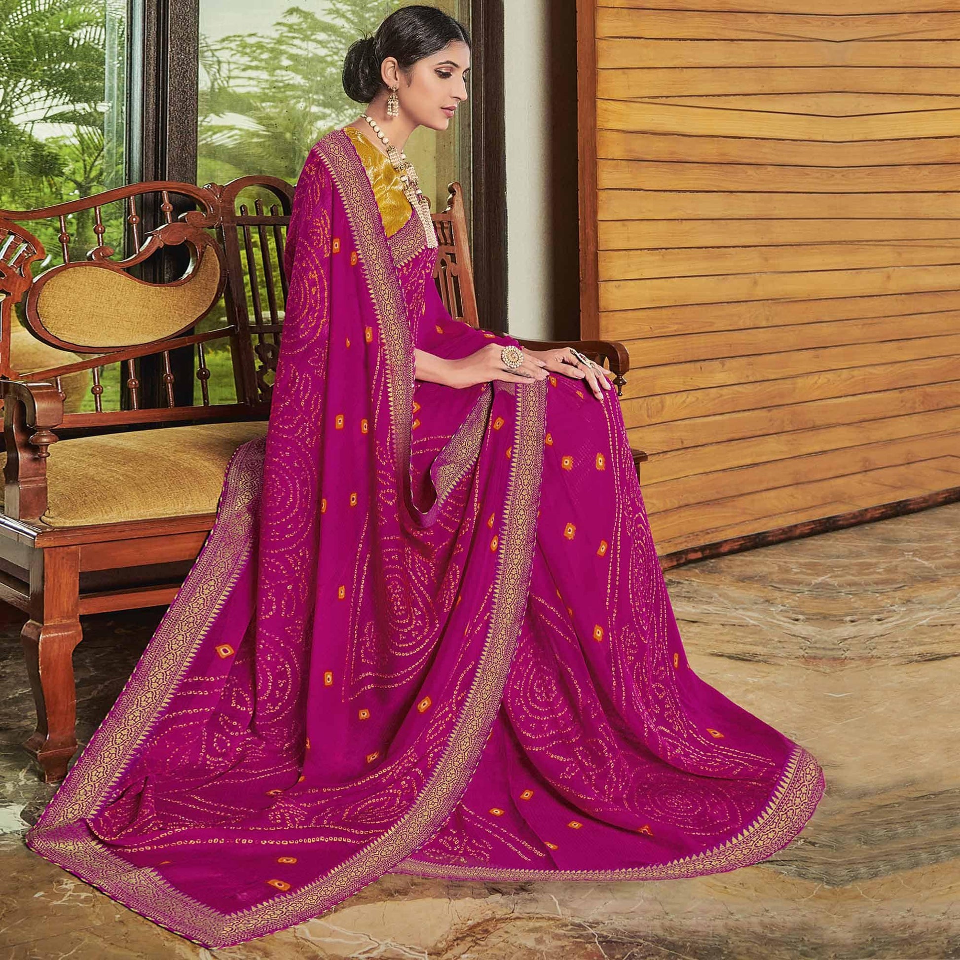 Hot Pink Casual Wear Bandhani Printed Chiffon Saree
