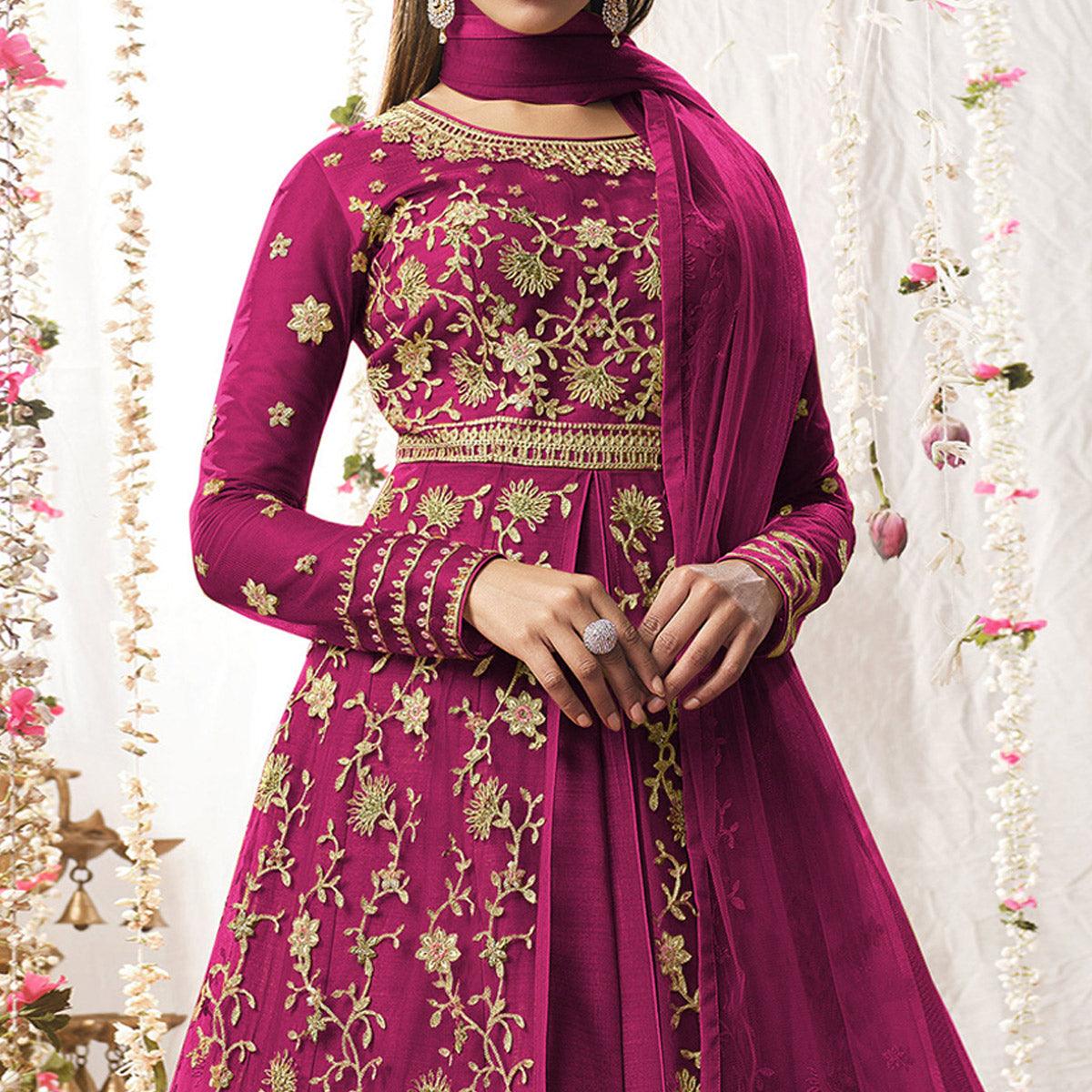 Hot Pink Embroidered Netted Anarkali Suit