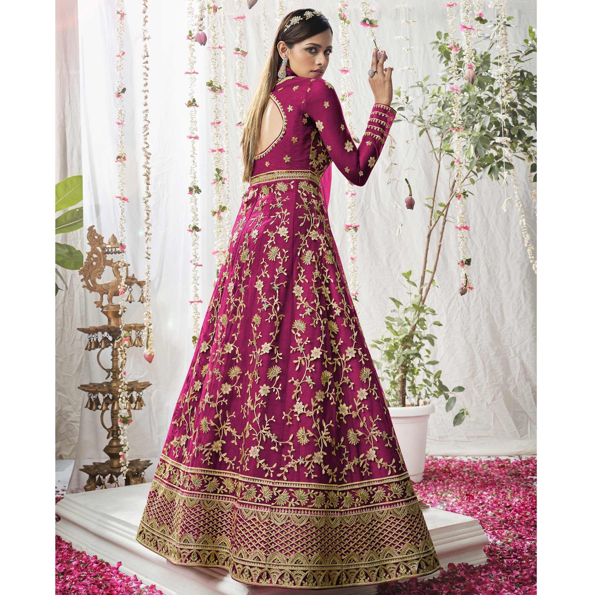 Hot Pink Embroidered Netted Anarkali Suit