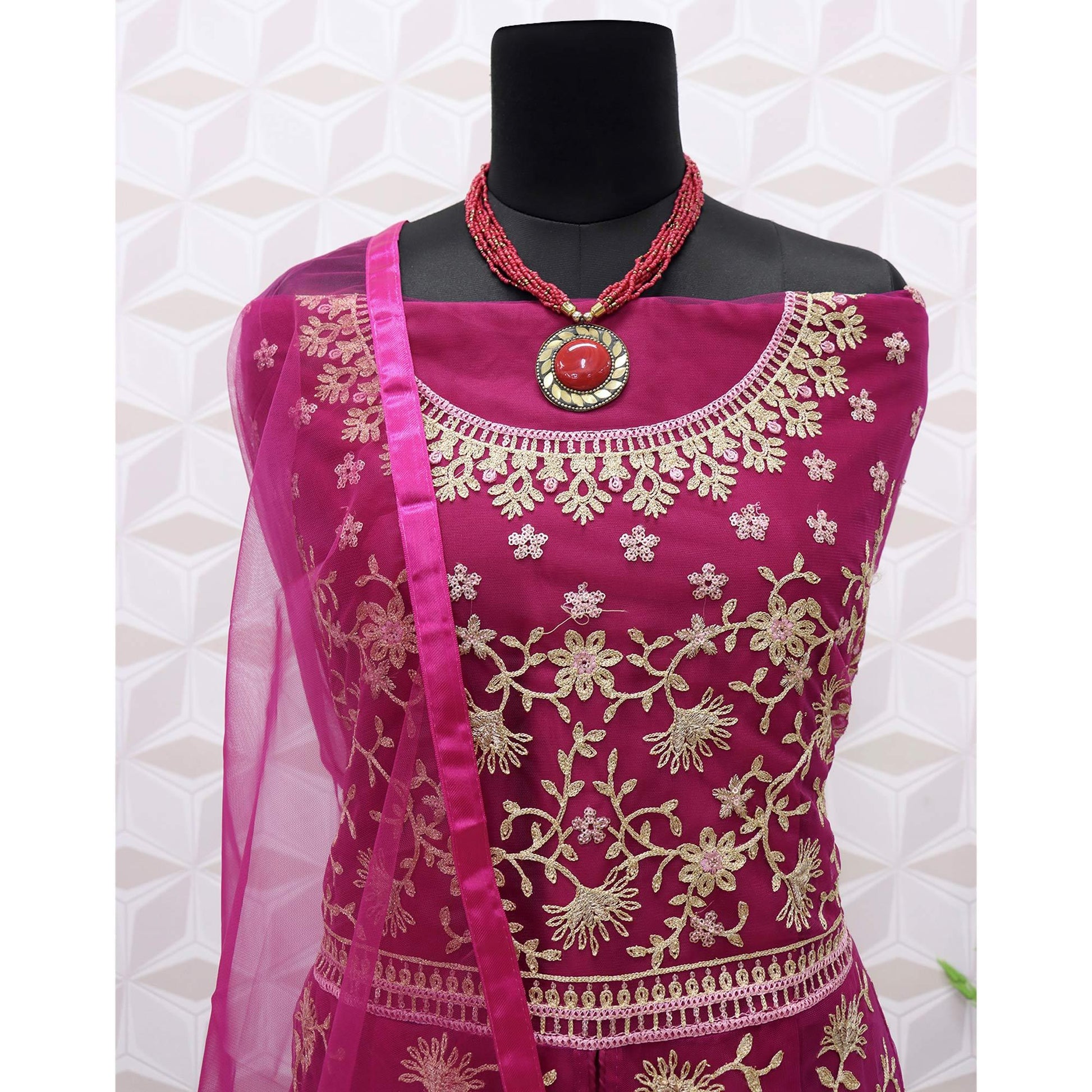 Hot Pink Embroidered Netted Anarkali Suit