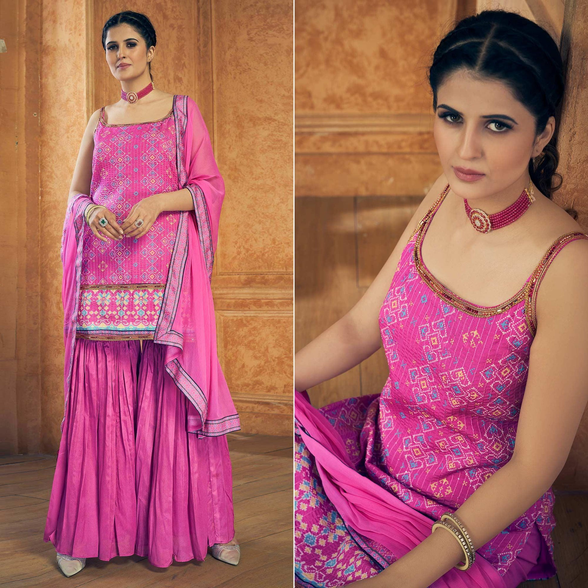 Hot Pink Party Wear Embroiddered Chiffon Sharara Suit