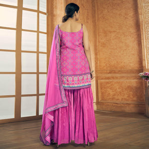 Hot Pink Party Wear Embroiddered Chiffon Sharara Suit