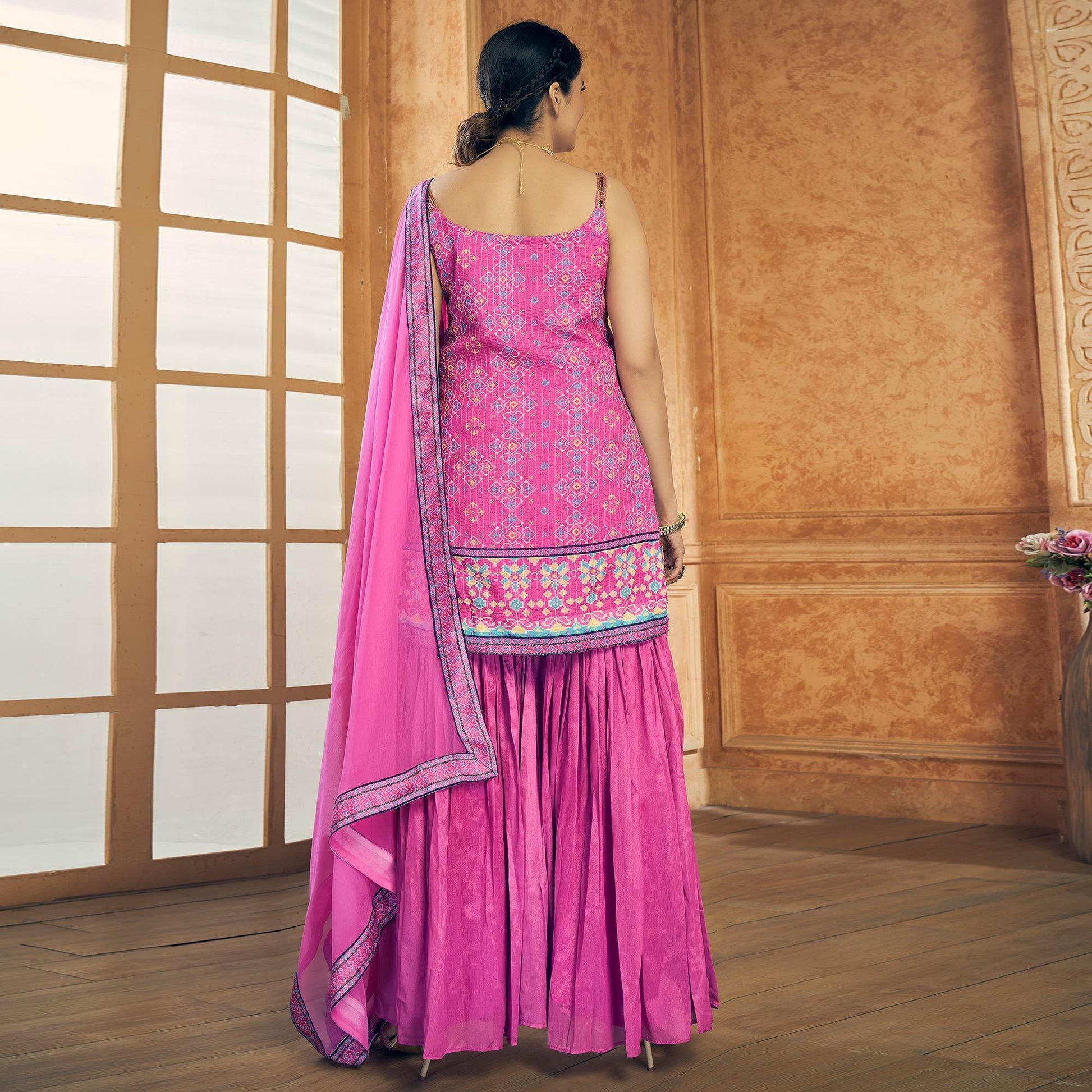 Hot Pink Party Wear Embroiddered Chiffon Sharara Suit