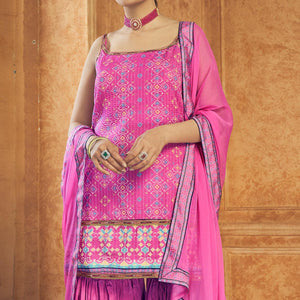 Hot Pink Party Wear Embroiddered Chiffon Sharara Suit