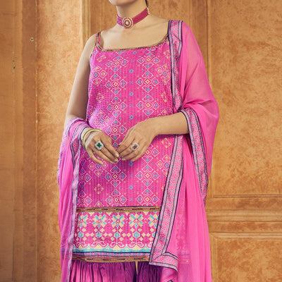 Hot Pink Party Wear Embroiddered Chiffon Sharara Suit