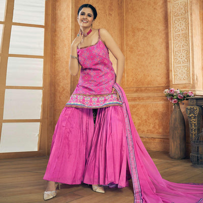Hot Pink Party Wear Embroiddered Chiffon Sharara Suit