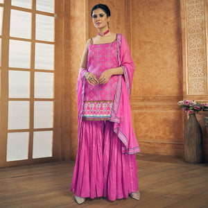 Hot Pink Party Wear Embroiddered Chiffon Sharara Suit