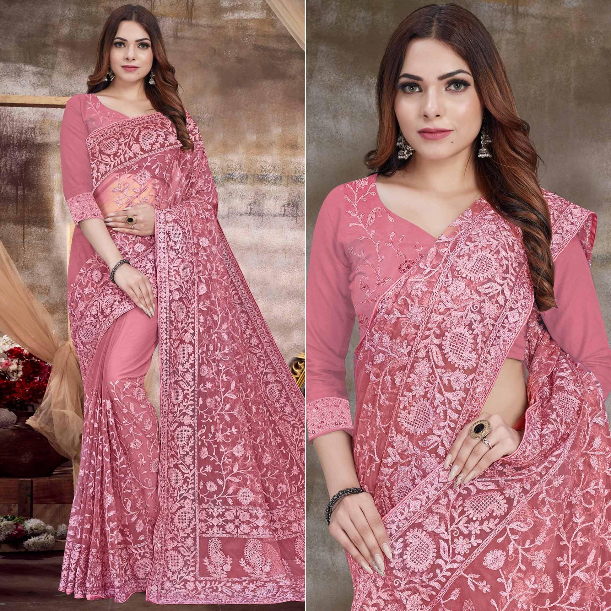 Hot Pink Partywear Embroidery With Embellished Net Saree