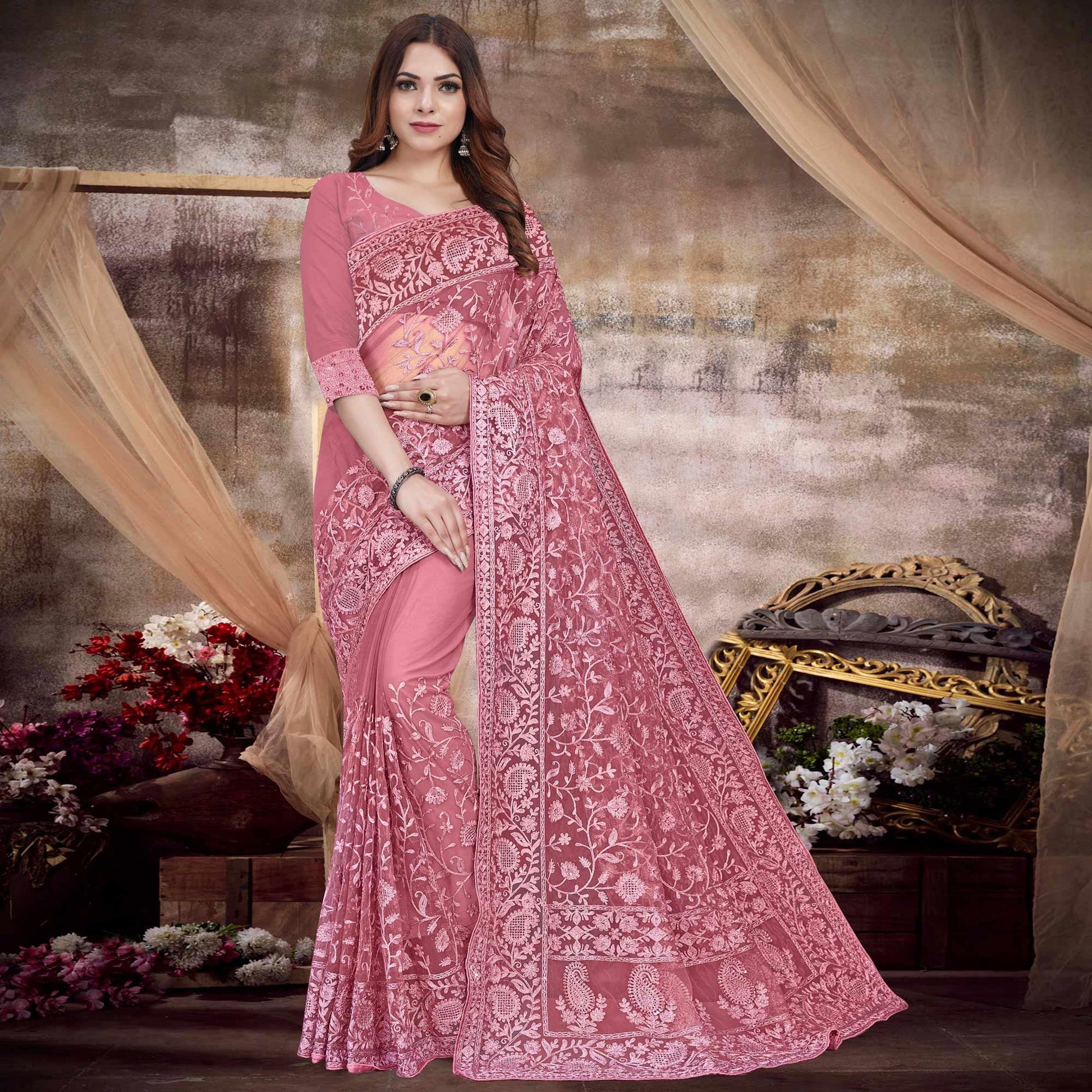Hot Pink Partywear Embroidery With Embellished Net Saree