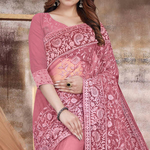 Hot Pink Partywear Embroidery With Embellished Net Saree