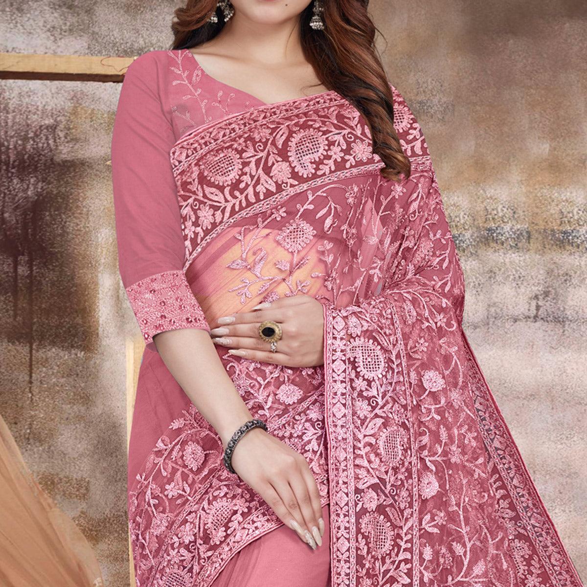 Hot Pink Partywear Embroidery With Embellished Net Saree