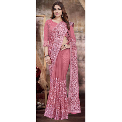 Hot Pink Partywear Embroidery With Embellished Net Saree