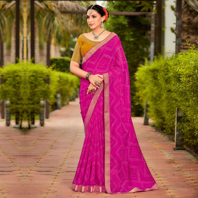Hot Pink Partywear Printed Chiffon Saree With Border